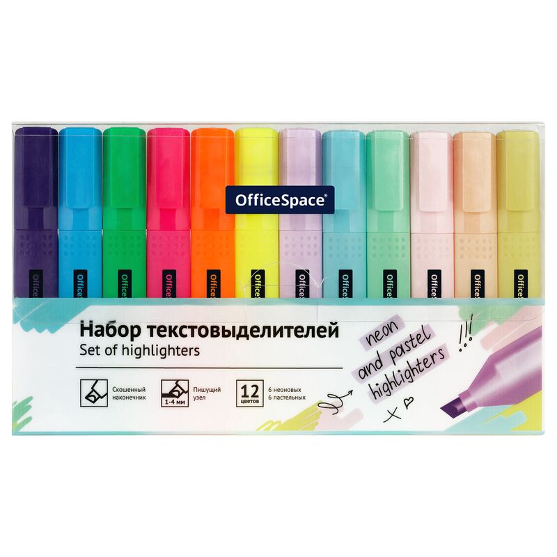Текстовыделители OfficeSpace 12цв, 6цв. паст, 6цв. неон, 1-4мм, ПВХ-бокс