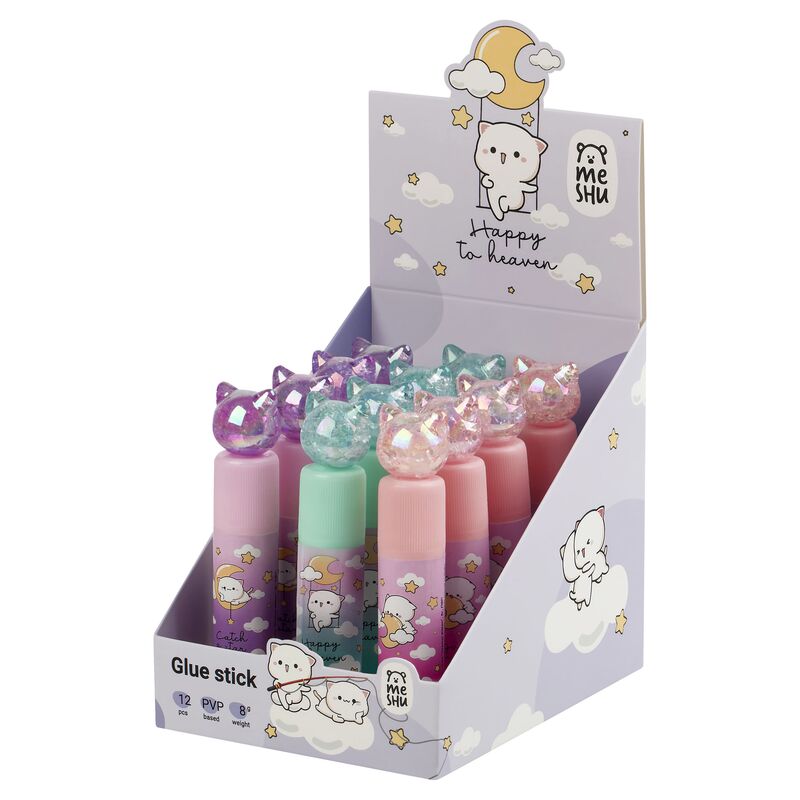 Клей-карандаш 08г MESHU Crystal Kitten дисплей бокс, ПВП, с топпером ассорти