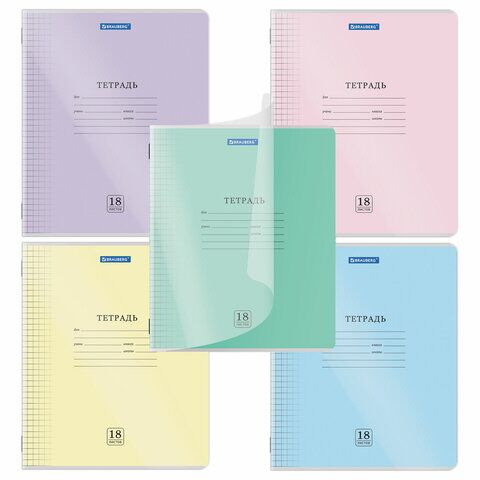 Тетрадь 18л клетка обложка пластик (прозрачный) BRAUBERG "Smart Cover", АССОРТИ (в спайке), 405030