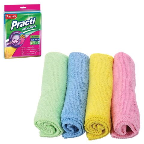 Салфетки универсальные, 30х30 см, КОМПЛЕКТ 4 шт., микрофибра, PACLAN Practi Microfiber, 410260