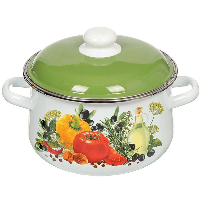 "Европейская кухня" Кастрюля эмалированная 2л, д17см, h12,5см, коническая форма, металлическая крышка, белый (Россия)
