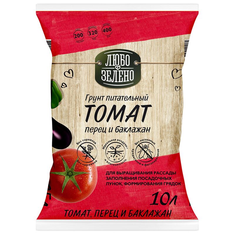 Грунт (торфогрунт) 10л "Томат" 45х33х3,5см, Любо-Зелено (Россия)