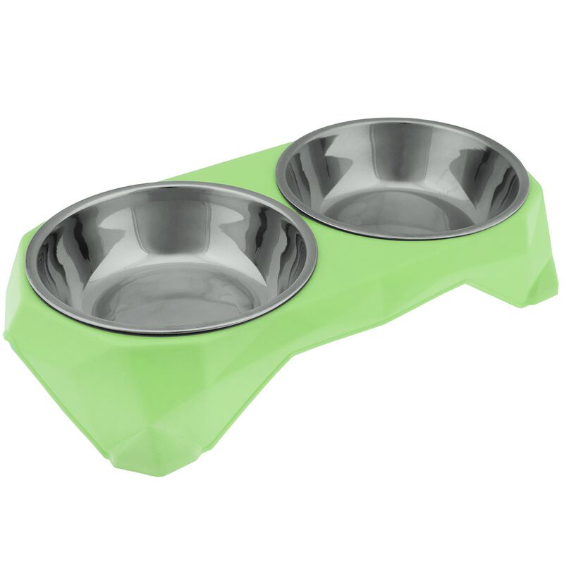 Миска для кормления животных Pet toys из нержавеющей стали "Клео" 0,4л, д14см h3,9см, 2 штуки на пластмассовой подставке 32х15,8см h6см, прорезиненные ножки, цвета в ассортименте: розовый, салатовый, бирюзовый (Китай)