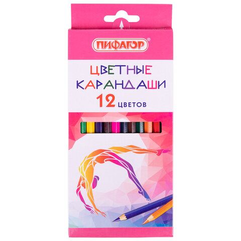 Карандаши цветные ПИФАГОР БЫСТРЕЕ! ВЫШЕ! СИЛЬНЕЕ!, 12 цветов, классические, заточенные, 181811