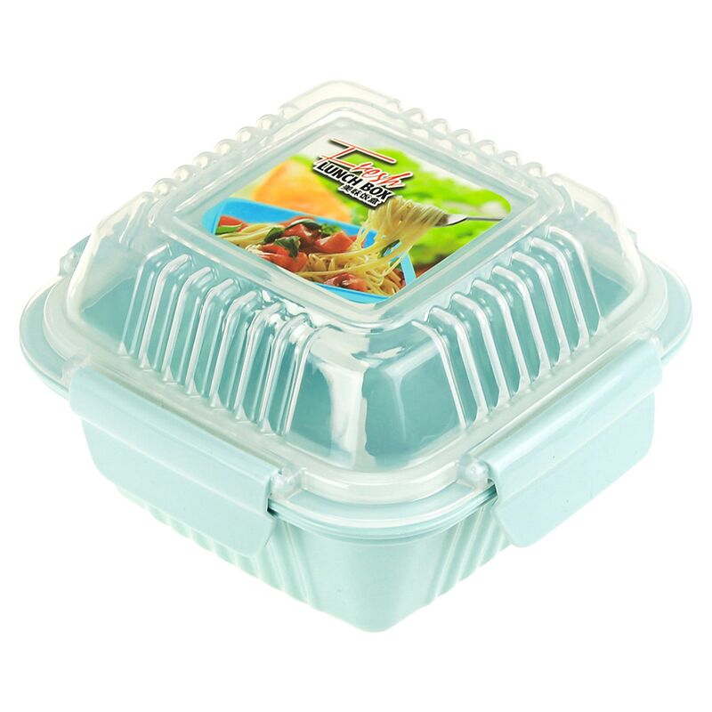 Ланч-бокс для продуктов пластмассовый "Фреш" 0,55л, 14х14см h8,5см, с ложкой 13см, крышка прозрачная, с клипсами, с уплотнителем, цвета в ассортименте: персиковый, голубой, зеленый (Китай)