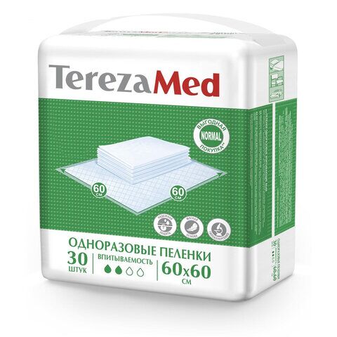 Пеленки 60х60 см, TEREZAMED Normal, КОМПЛЕКТ 30 шт., впитывающие, одноразовые, 50305