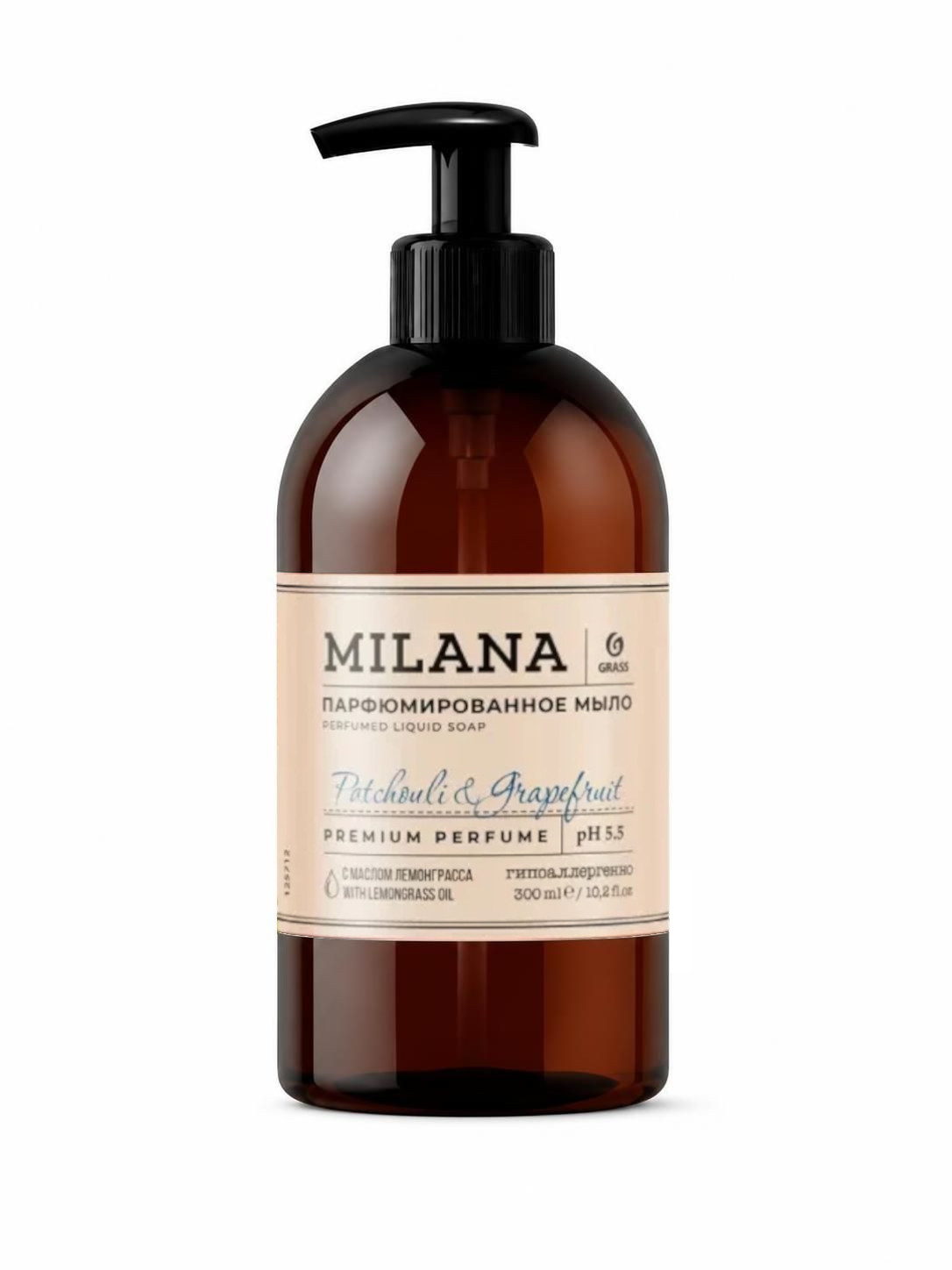Мыло жидкое "Milana Patchouli&Grapefruit" 0,3л, парфюмированное, с маслом лемонграсса, дозатор, "Grass" (Россия)