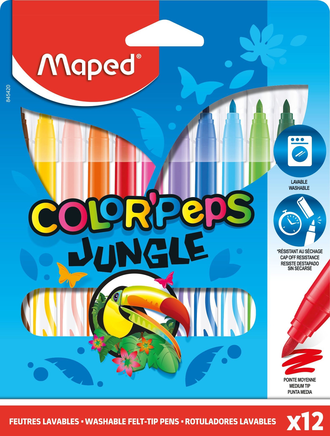 Фломастеры MAPED (Франция) Color Peps Jungle, 12 цветов, смываемые, вентилируемый колпачок, 845420