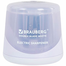 Точилка электрическая BRAUBERG DOUBLE BLADE WHITE, двойное лезвие, питание от 2 батареек