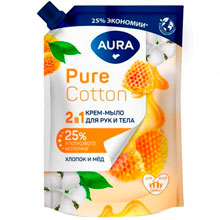 Крем-мыло жидкое Aura Pure Cotton 2 в 1 для рук и тела, хлопок и мед, дой-пак, 450 мл