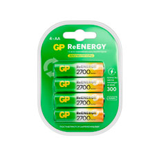 Батарейки аккумуляторные GP ReEnergy Ni-Mh пальчиковые КОМПЛЕКТ 4 шт., АА (HR6), 2600mAh, 270AAHCRGY, 270AAHCRGY-2CRC