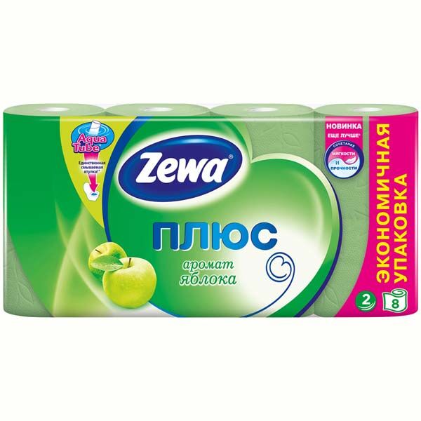 Бумага туалетная Zewa Плюс, 2-слойная, 8шт., тиснение, зеленая, яблоко