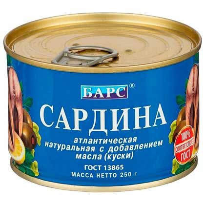 Сардина атлантическая натуральная Барс с добавлением масла, 250 г