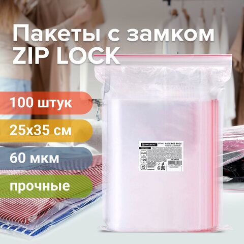 Пакеты ZIP LOCK "зиплок" ПРОЧНЫЕ, комплект 100 шт., 250х350 мм, ПВД, 60 мкм, BRAUBERG EXTRA