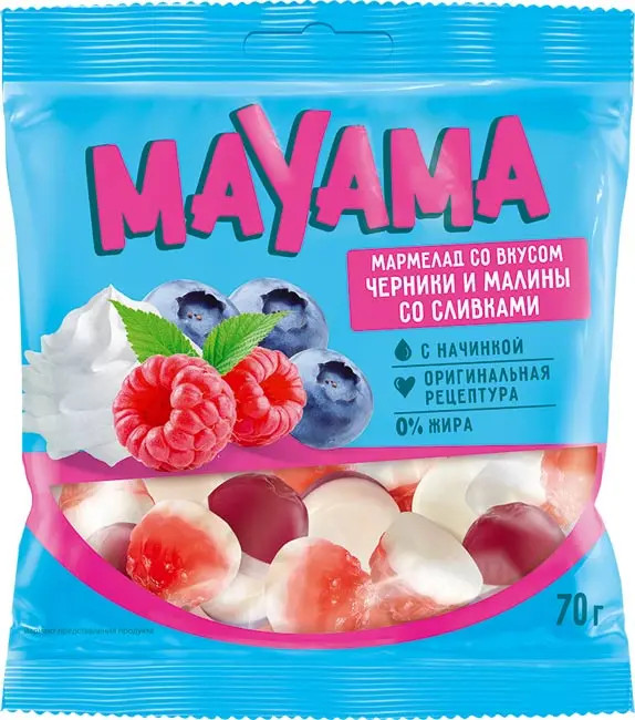 Мармелад жевательный Mayama с желейной начинкой со вкусом черники и малины со сливками, 70 г